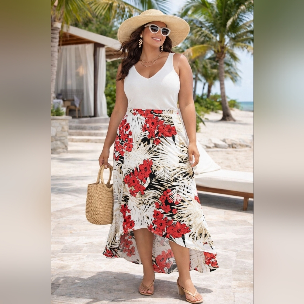 Chico's Tropical Palm Floral Maxi Skirt Red White Asymmetrical High Low Size 3 X